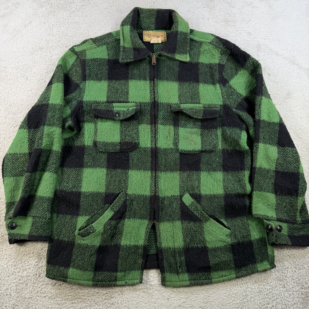 Vintage Melton Jacket Mens Large Green Black Buffalo Plaid Wool Shacket USA Made